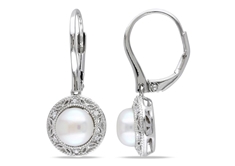 7.5-8 mm FW White Pearl and 0.05 CT Diamond Earrings Silver