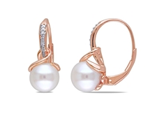 8-8.5 mm White Pearl & 0.06 CT Diamond Earrings,Pink Silver