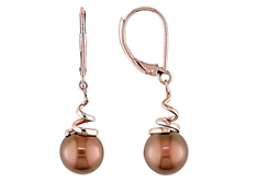 Brown Pearl Leverback Earrings in Pink Gold