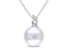 Diamond & 12-12.5mm White Freshwater Pearl Pendant,Silver