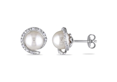 8-8.5mm Freshwater Pearls 1/10 CT Diamond Earrings Silver