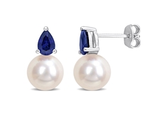 Pearl and Created Sapphire Earrings in Silver