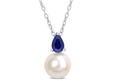 Pearl and Created Sapphire Pendant in Silver